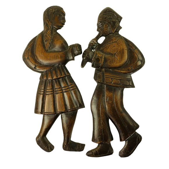 Lot 2 Vintage Hand Carved South American Wood Wall Art Man Woman Playing Music u - Picture 1 of 5